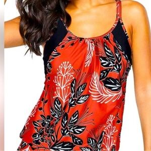 Women’s Coral Red & Black Floral Tankini Swimsuit Set L/XL Pool Beach Vacay New
